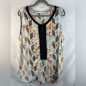 Cabi colorful printed blouse. Light weight, sheer, and sleeveless. Size XL